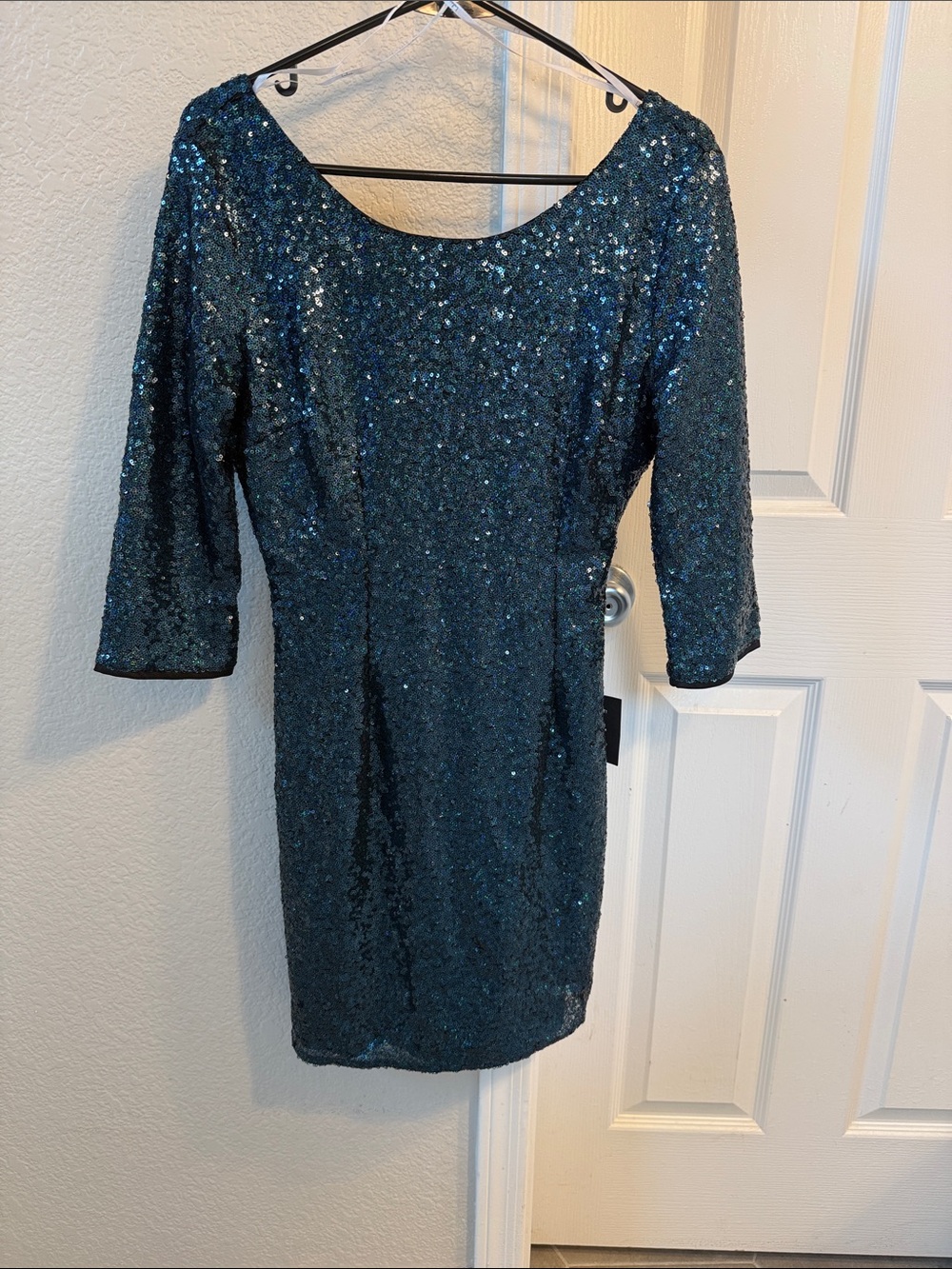 Mini Sequined Teal Sheath Dress - Women's Evening Dress